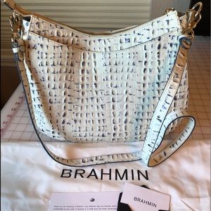 Brahmin Ivory and Navy Croc-Embossed Shoulder Bag